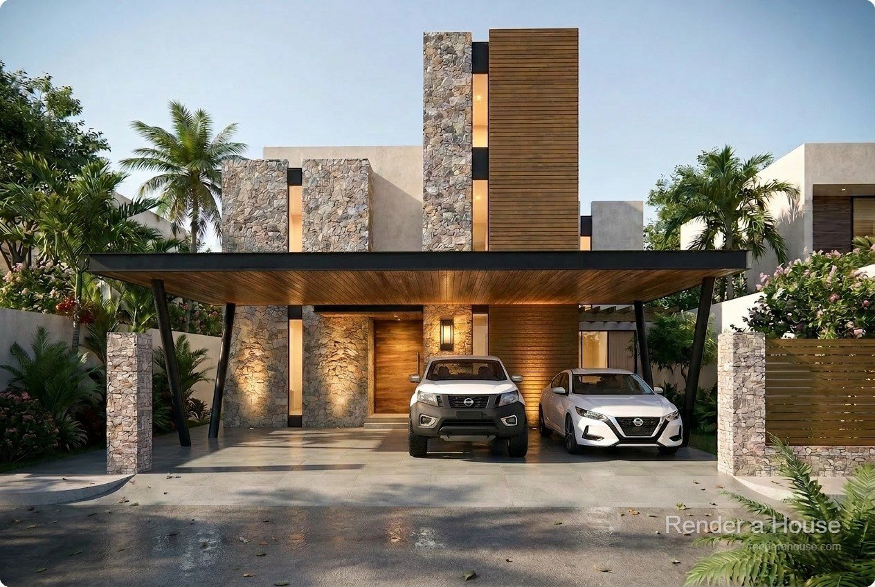 Diseño arquitectónico de casa moderna al atardecer — proyecto de arquitectura e interiorismo de Tercer Estudio en Querétaro