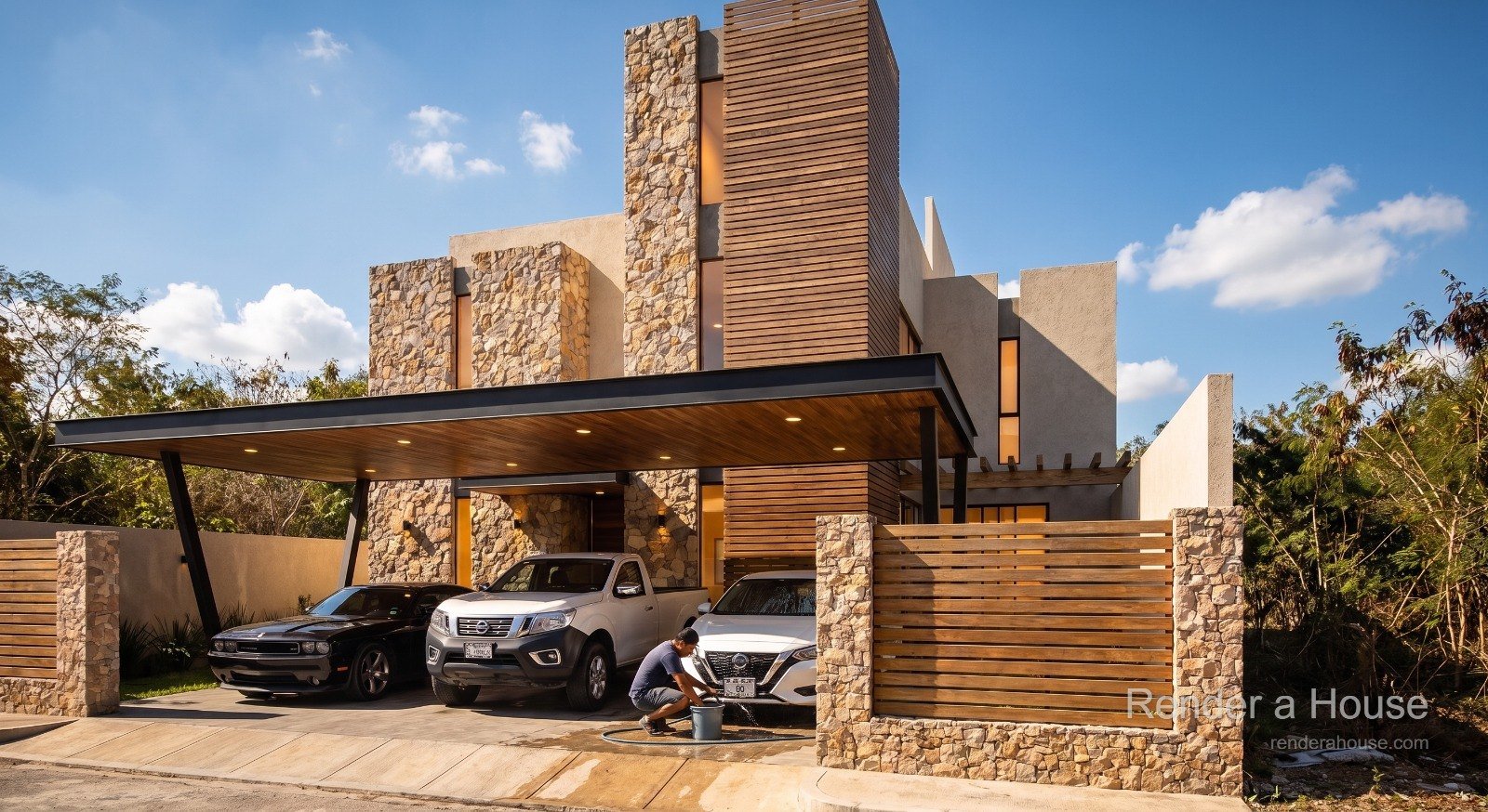 Arquitectura residencial contemporánea en Tequisquiapan, Querétaro — fachada de piedra y madera diseñada por Tercer Estudio, despacho de arquitectura e interiorismo